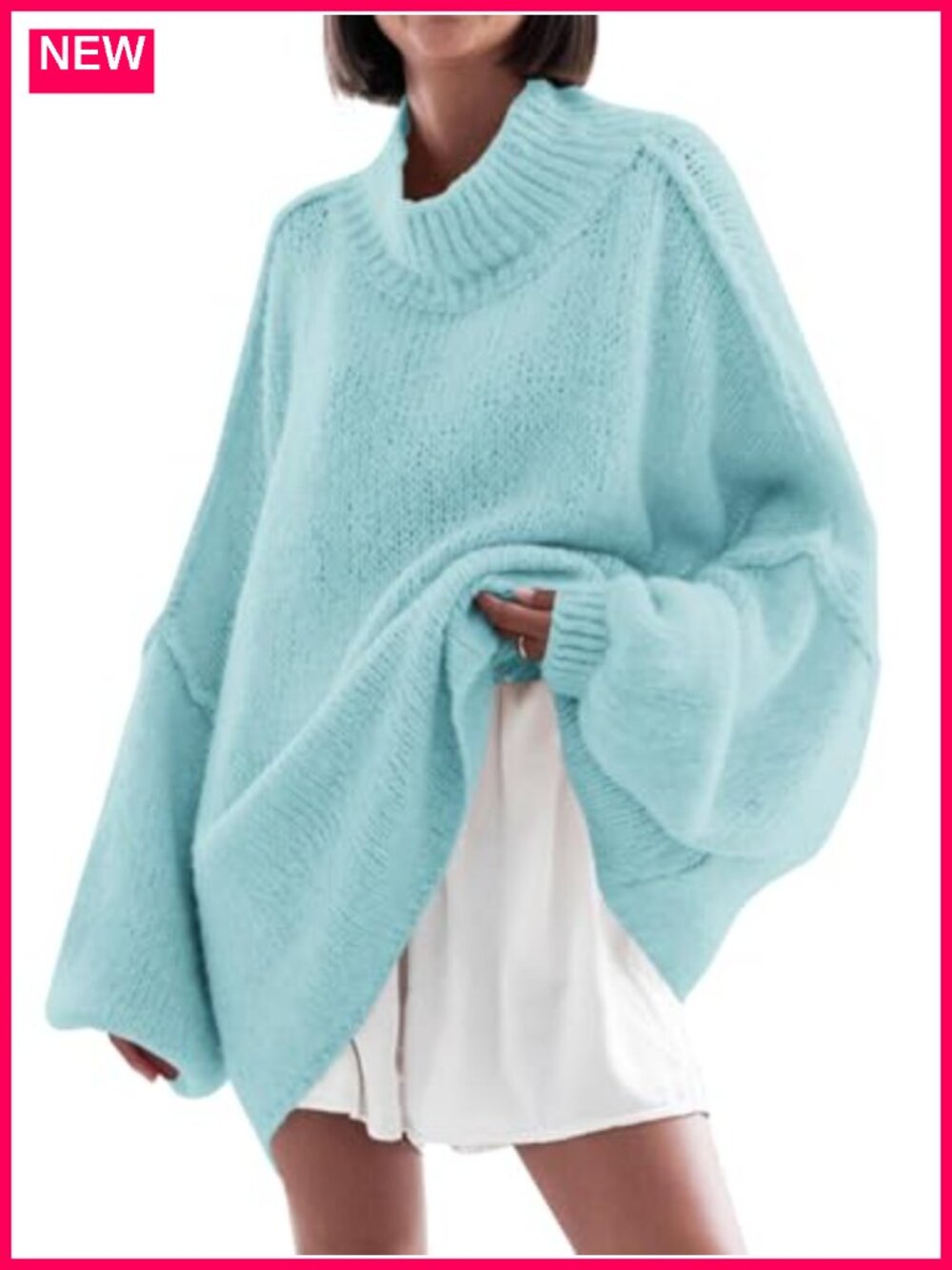 Oversized Mock Neck Tunic Sweater Batwing Long Sleeve Ribbed Knit